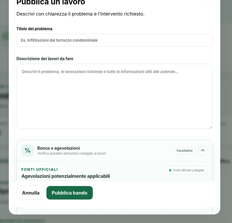 Schermata reale Bonus e agevolazioni nel bando Civico+