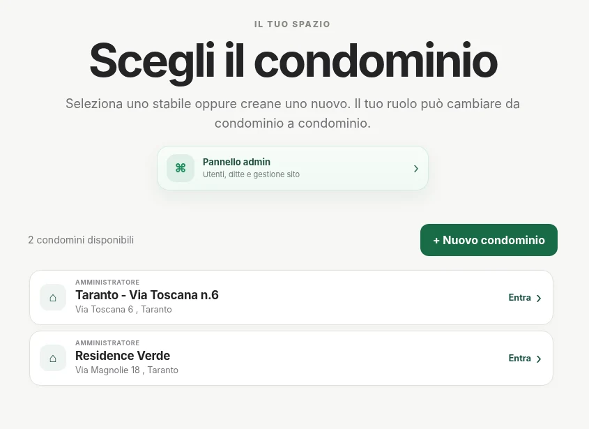 Schermata reale di selezione condominio in Civico+