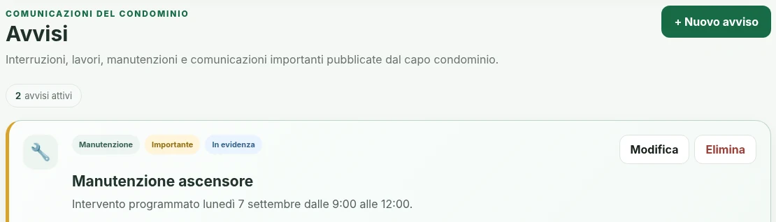 Schermata reale Avvisi di Civico+